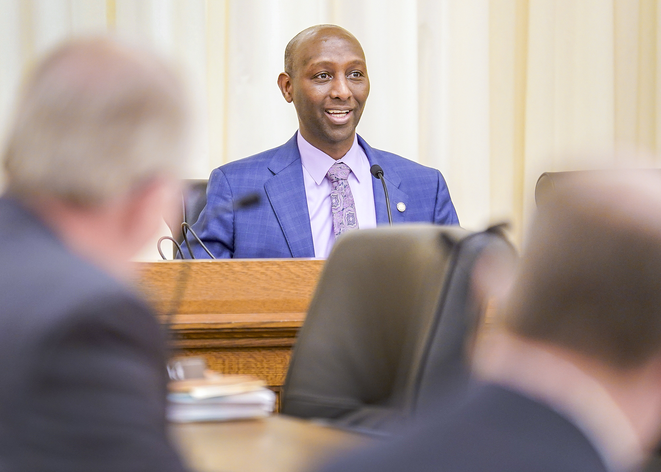Rep. Mohamud Noor presents the omnibus workforce and business development bill to the House Ways and Means Committee April 26. Language from the labor, climate and energy, and commerce bills were also incorporated into HF4355. (Photo by Andrew VonBank)